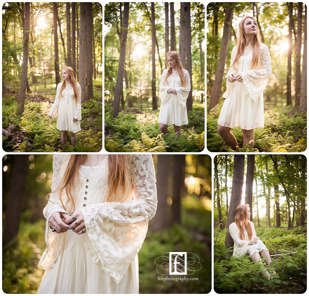 Redhead high school senior in white dress in South Jersey woods