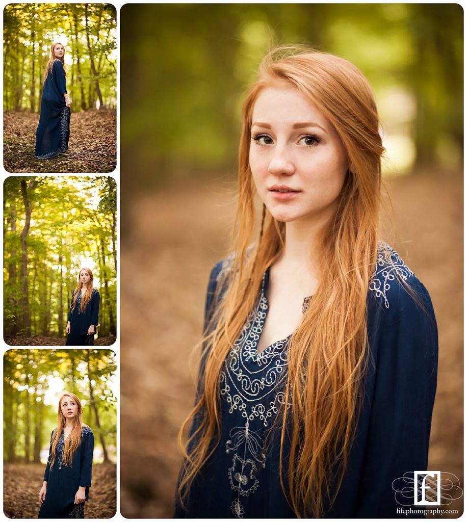Redhead high school senior in blue dress in South Jersey woods